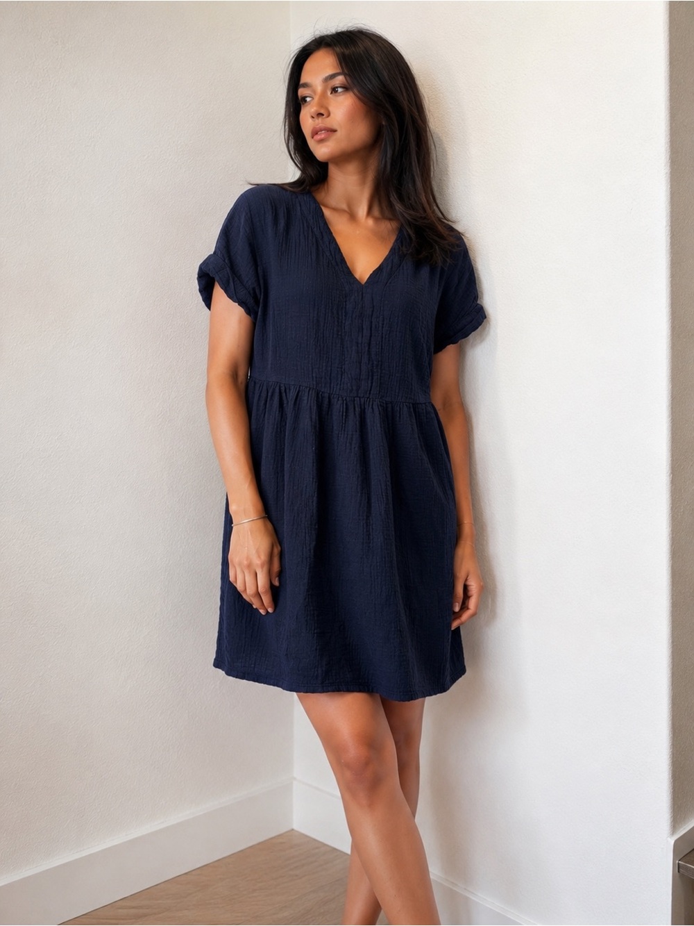 Navy blue  V-Neck Mini Dress - Casual Short Sleeve